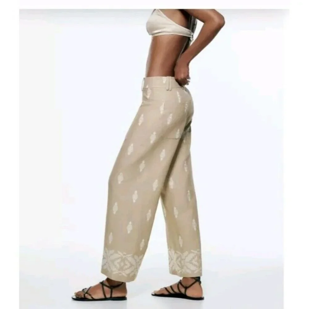 ZARA Linen Blend Embroidered Wide Leg Crop Pants Beige Blogger F 2731 047